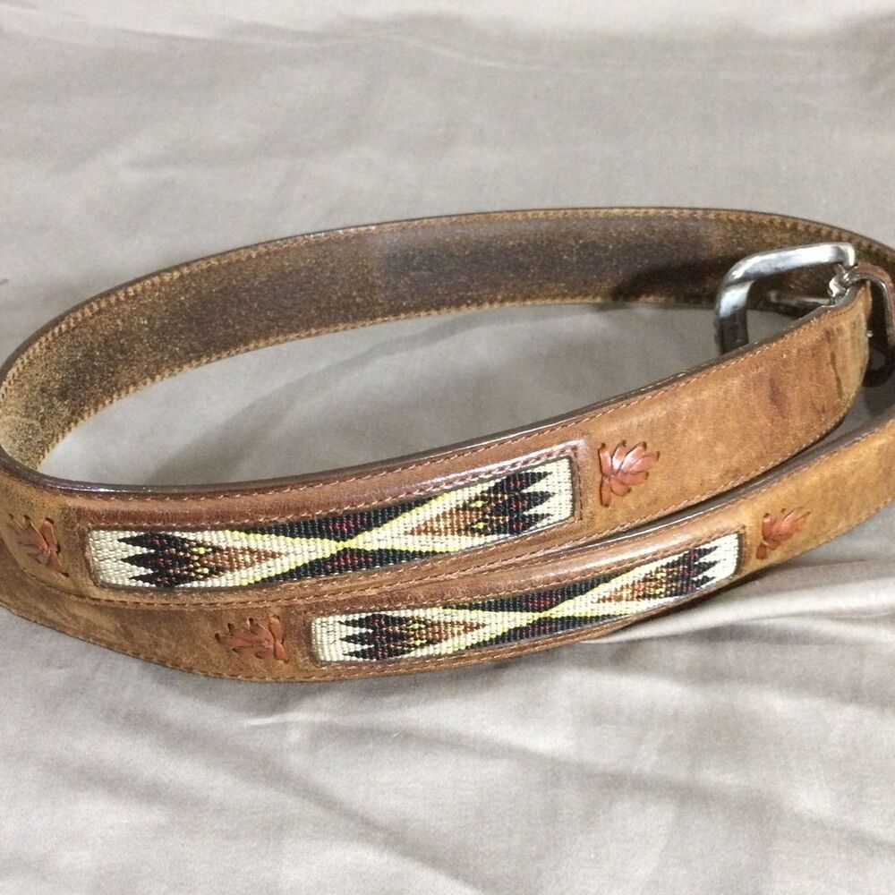 Vintage 80s Orvis Southwestern Woven Inlay Leather Belt Size 40 Brass Buckle